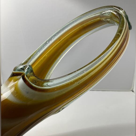Hand Blown Stretch Art Glass‎ Basket Vase MCM Amber Brown 11" - Picture 7 of 11